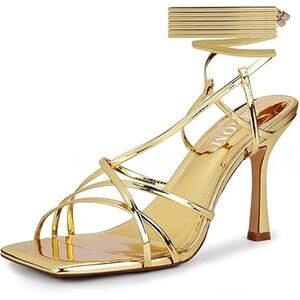 New Isnom Womens 8.5 Shiny Gold Open Toe 4" Heel Leg Wrap Stiletto Sandal Shoes